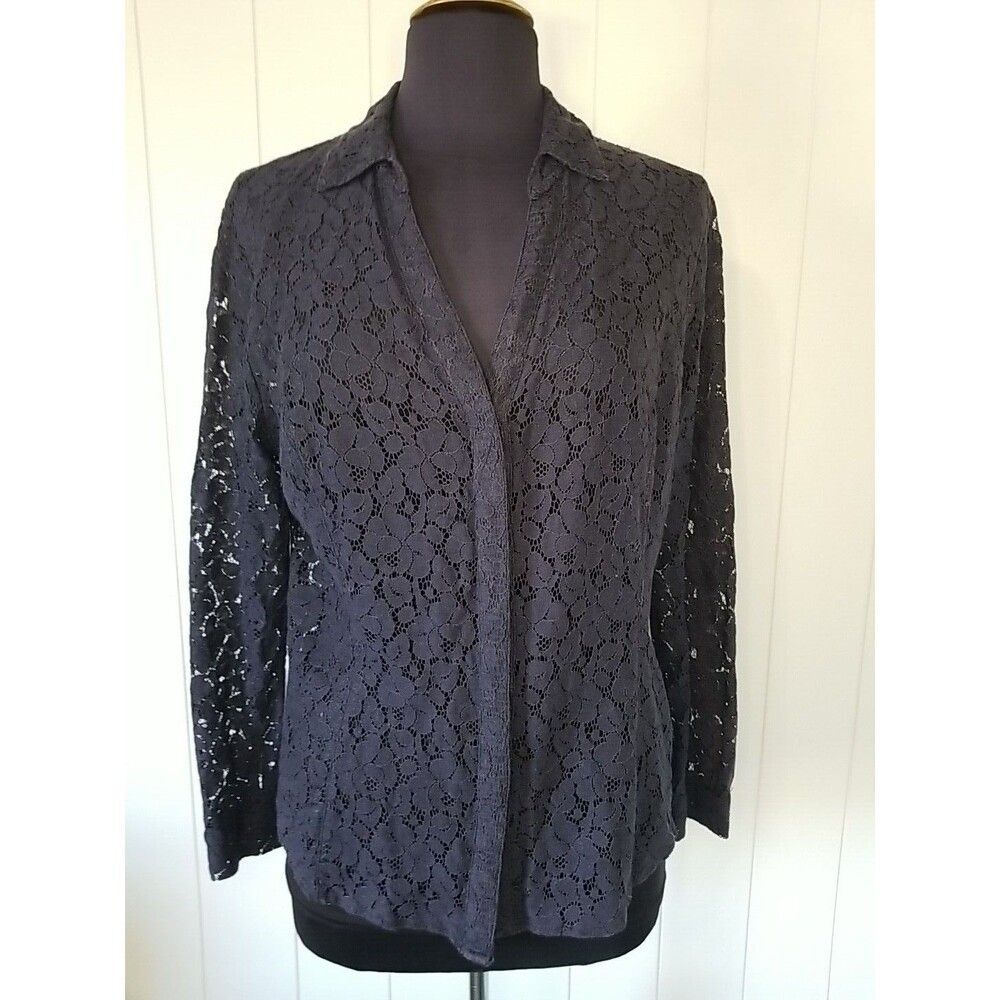 Cache Top Womens Large Blue Feminine Button Up Lace Long Sleeve